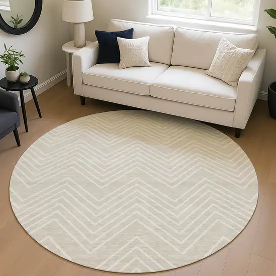 8' Beige And Ivory Round Geometric Washable Indoor Outdoor Area Rug Photo 5