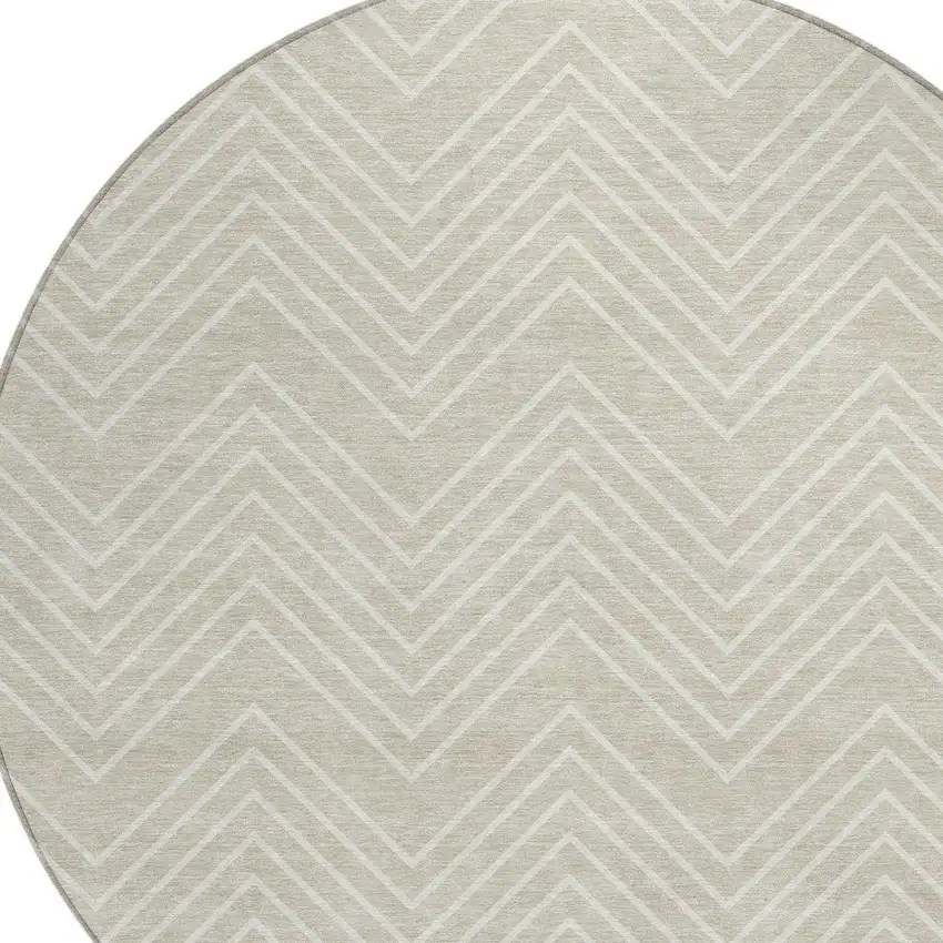 8' Beige And Ivory Round Geometric Washable Indoor Outdoor Area Rug Photo 2