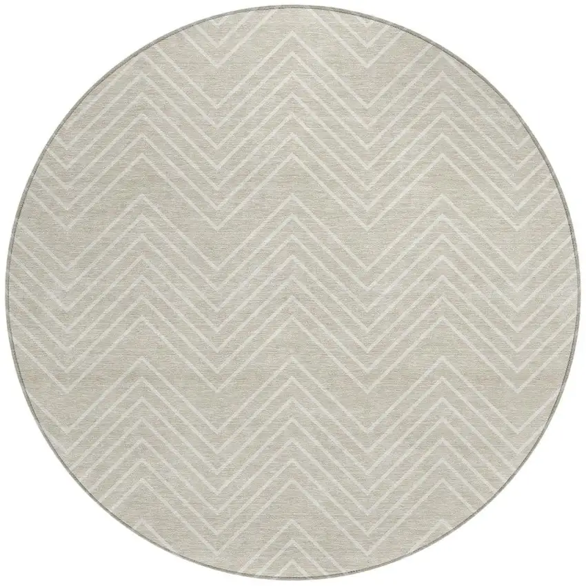 8' Beige And Ivory Round Geometric Washable Indoor Outdoor Area Rug Photo 3
