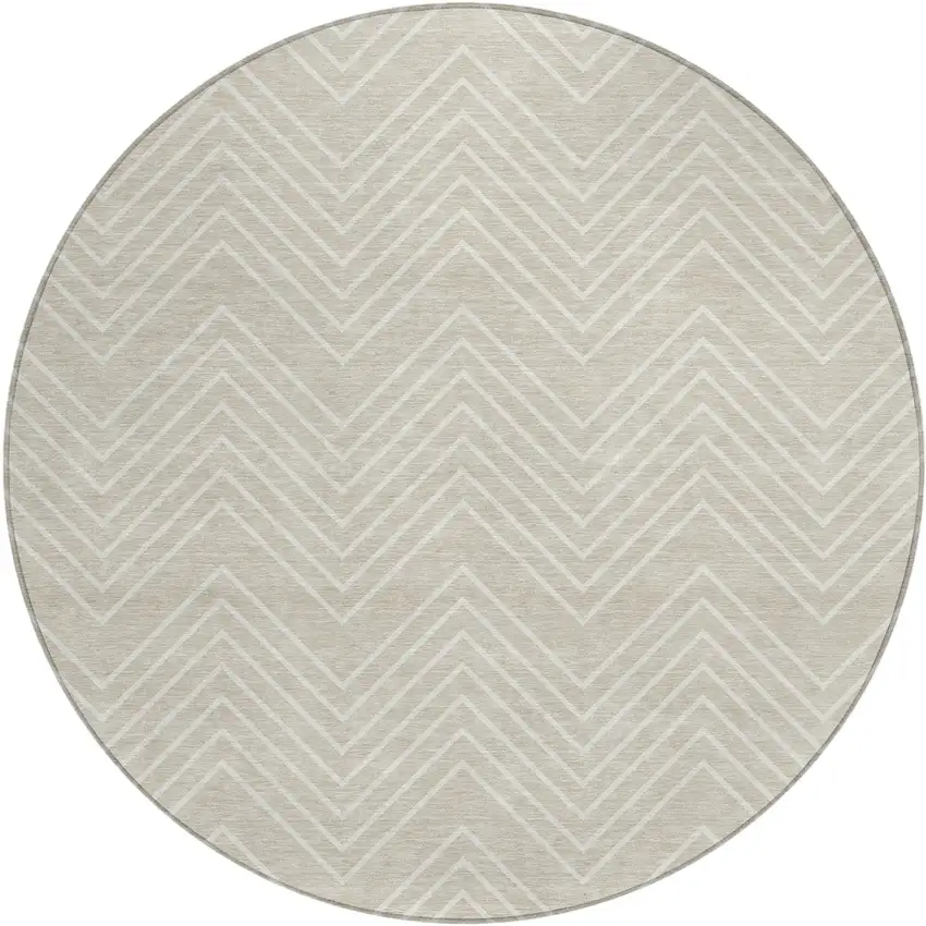 8' Beige And Ivory Round Geometric Washable Indoor Outdoor Area Rug Photo 1