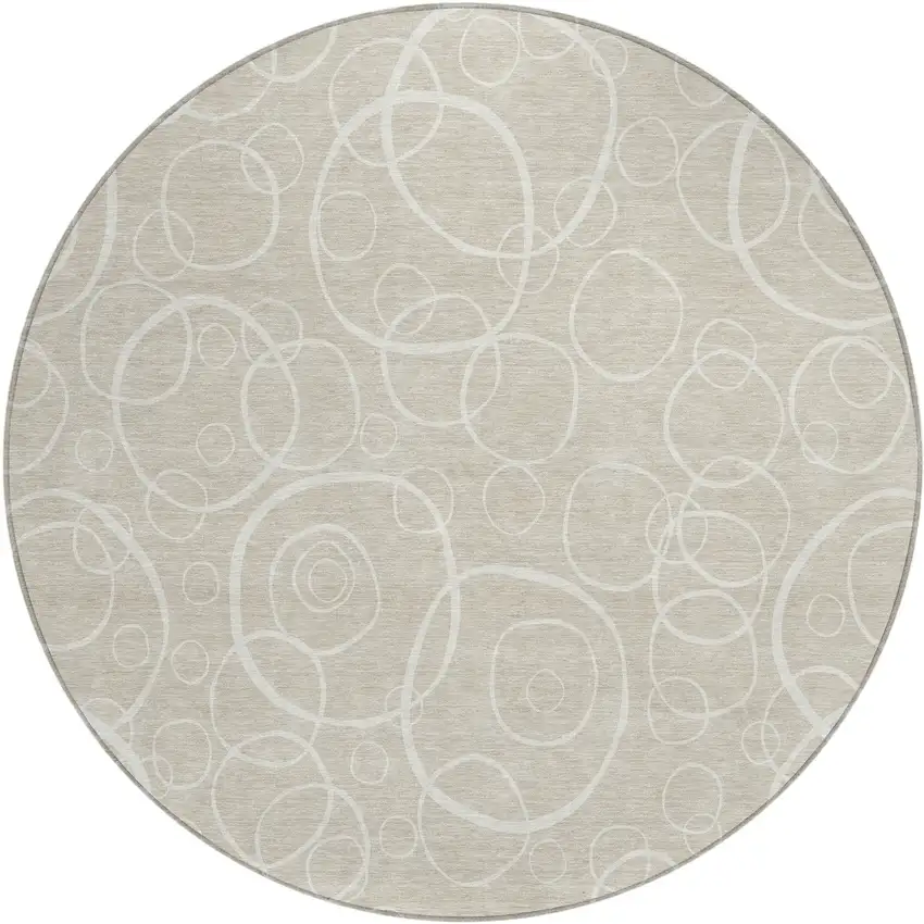 8' Beige And Ivory Round Geometric Washable Indoor Outdoor Area Rug Photo 1