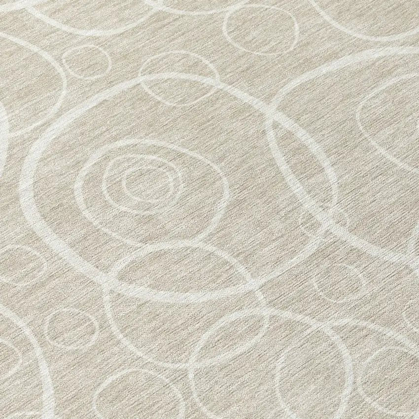 8' Beige And Ivory Round Geometric Washable Indoor Outdoor Area Rug Photo 9