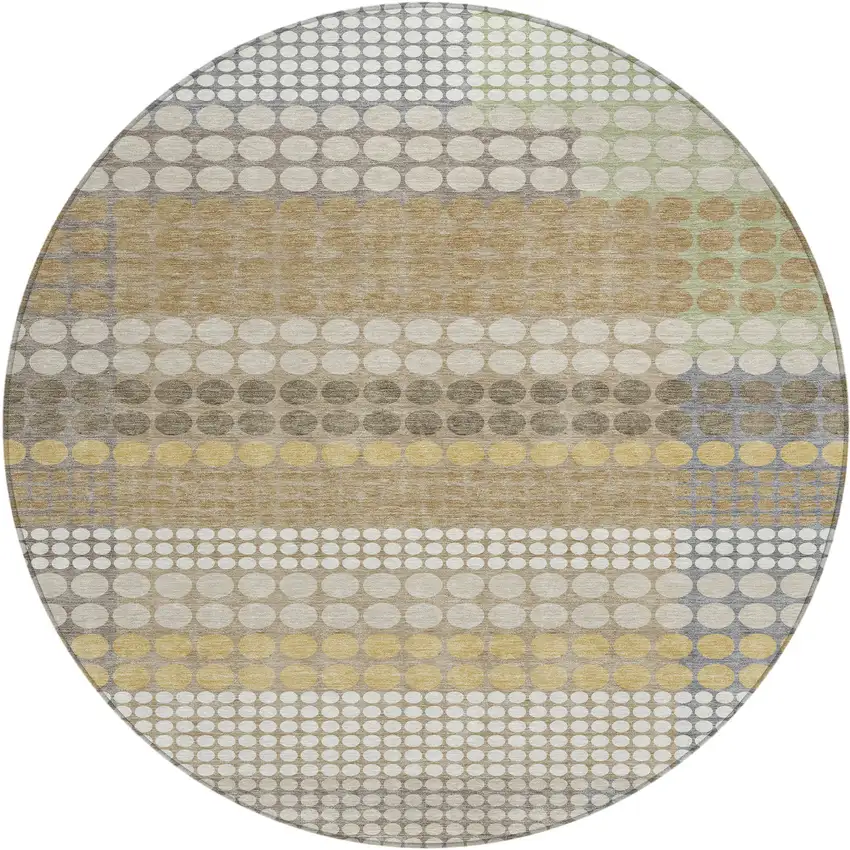 8' Beige And Ivory Round Geometric Washable Indoor Outdoor Area Rug Photo 1