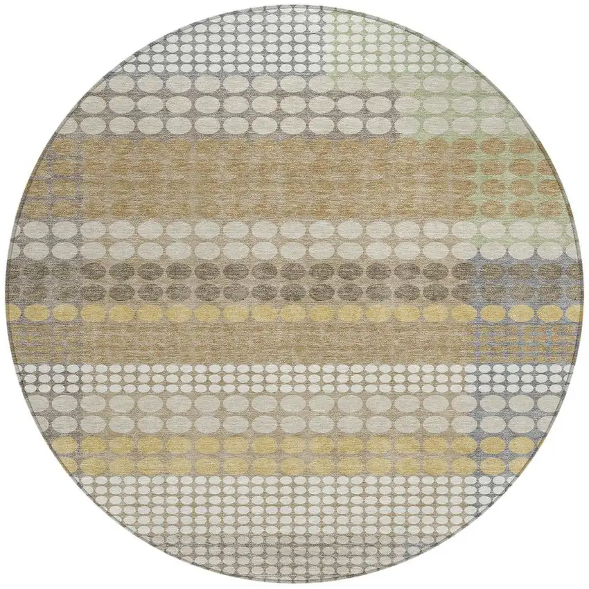 8' Beige And Ivory Round Geometric Washable Indoor Outdoor Area Rug Photo 3