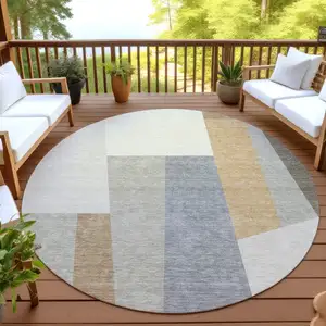 Photo of 8' Beige And Ivory Round Geometric Washable Indoor Outdoor Area Rug