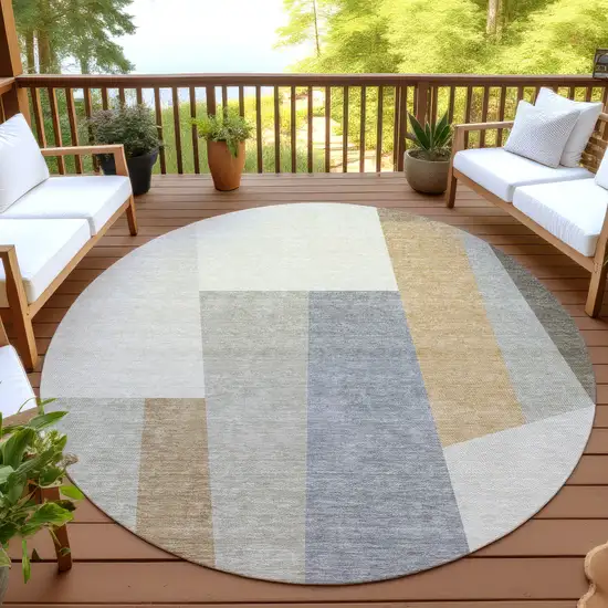 8' Beige And Ivory Round Geometric Washable Indoor Outdoor Area Rug Photo 4