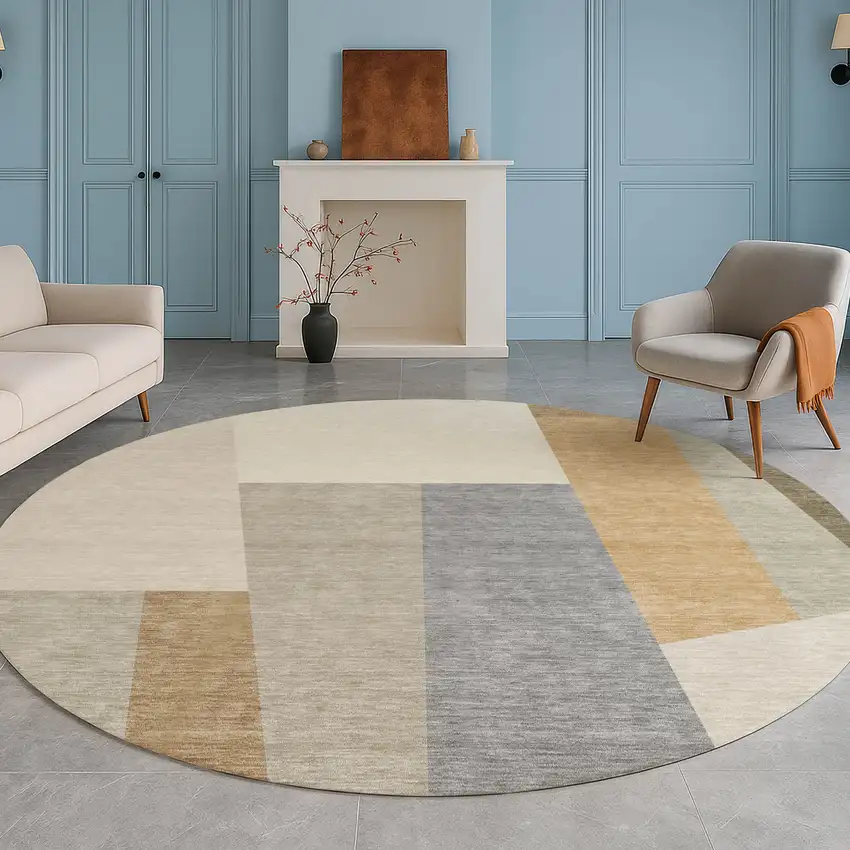 8' Beige And Ivory Round Geometric Washable Indoor Outdoor Area Rug Photo 5