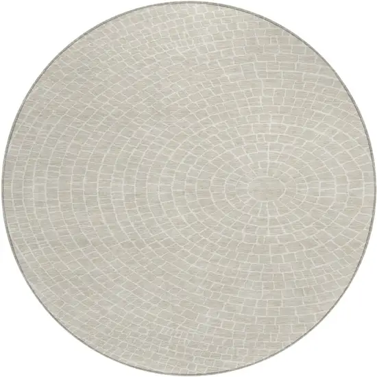 8' Beige And Ivory Round Geometric Washable Indoor Outdoor Area Rug Photo 1