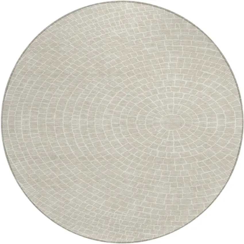 8' Beige And Ivory Round Geometric Washable Indoor Outdoor Area Rug Photo 1