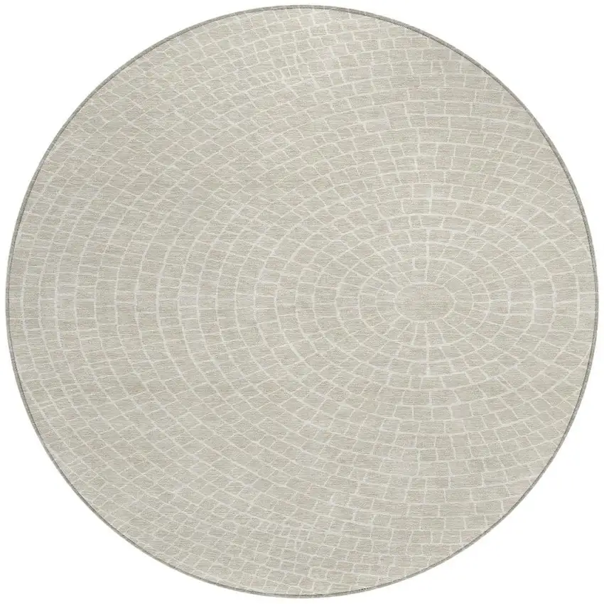 8' Beige And Ivory Round Geometric Washable Indoor Outdoor Area Rug Photo 3