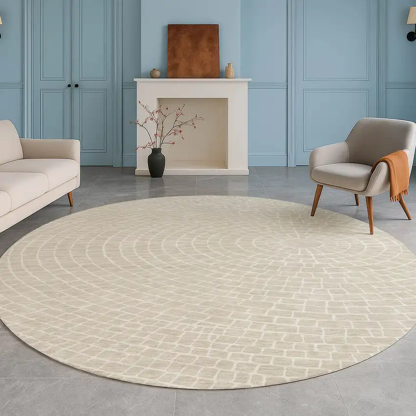 8' Beige And Ivory Round Geometric Washable Indoor Outdoor Area Rug Photo 5