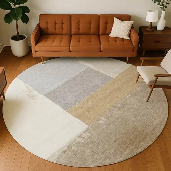 8' Beige And Ivory Round Geometric Washable Indoor Outdoor Area Rug Photo 5