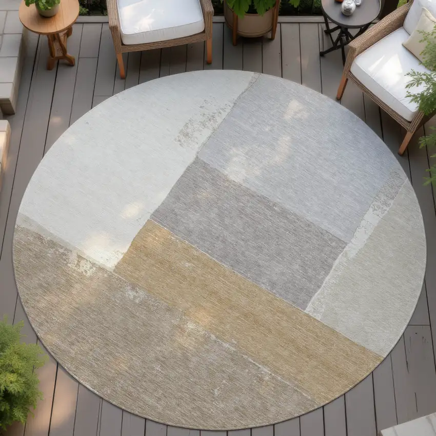 8' Beige And Ivory Round Geometric Washable Indoor Outdoor Area Rug Photo 4