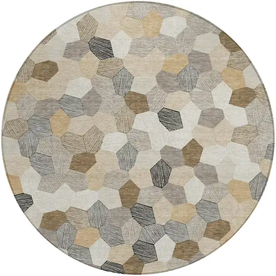 8' Beige And Ivory Round Geometric Washable Indoor Outdoor Area Rug Photo 1