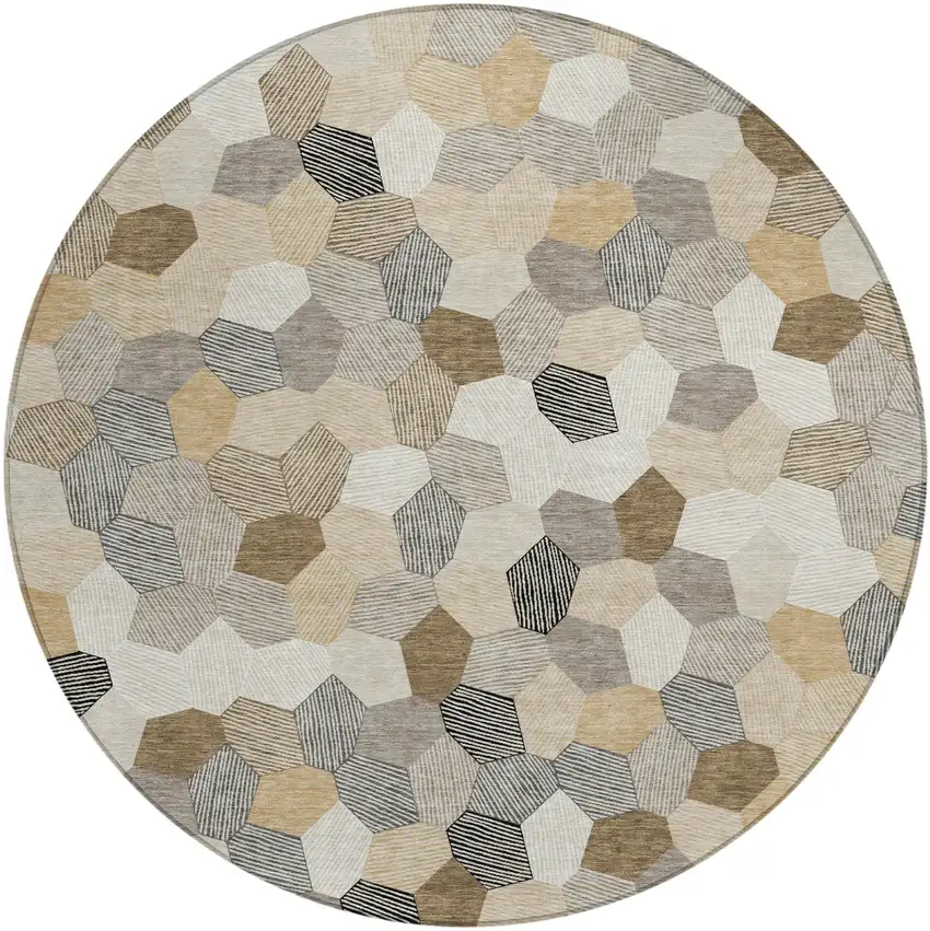 8' Beige And Ivory Round Geometric Washable Indoor Outdoor Area Rug Photo 1