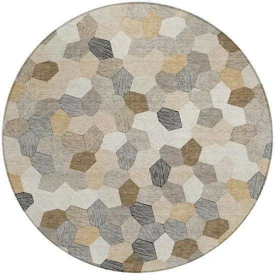 8' Beige And Ivory Round Geometric Washable Indoor Outdoor Area Rug Photo 3