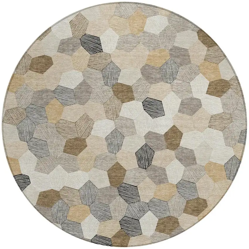 8' Beige And Ivory Round Geometric Washable Indoor Outdoor Area Rug Photo 3