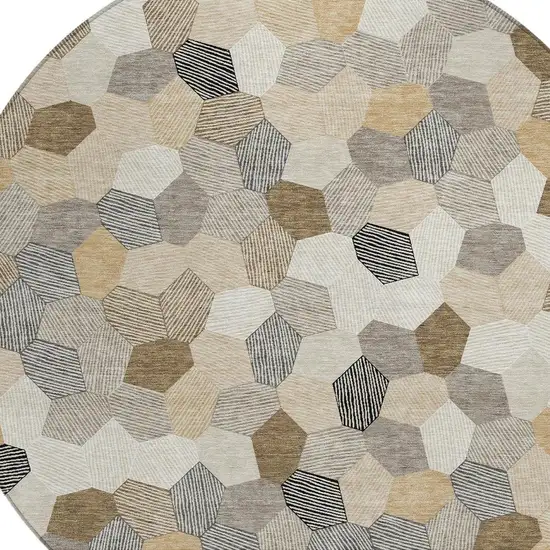 8' Beige And Ivory Round Geometric Washable Indoor Outdoor Area Rug Photo 2