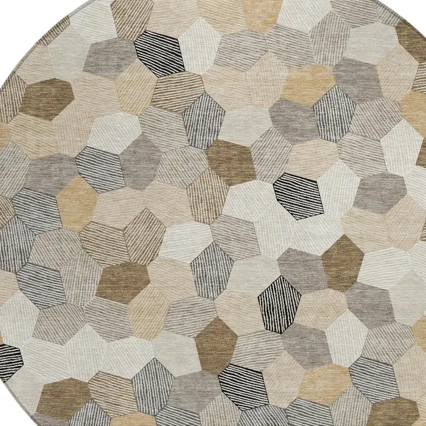 8' Beige And Ivory Round Geometric Washable Indoor Outdoor Area Rug Photo 2