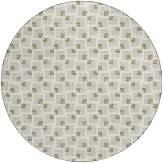 8' Beige And Ivory Round Geometric Washable Indoor Outdoor Area Rug Photo 1