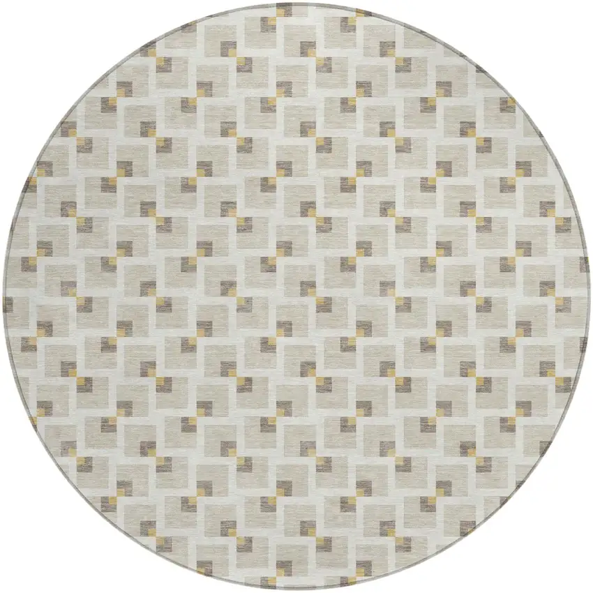 8' Beige And Ivory Round Geometric Washable Indoor Outdoor Area Rug Photo 1