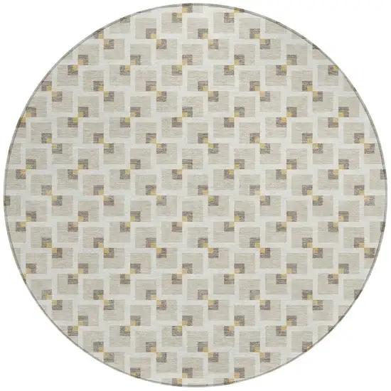 8' Beige And Ivory Round Geometric Washable Indoor Outdoor Area Rug Photo 3