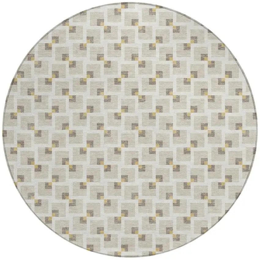 8' Beige And Ivory Round Geometric Washable Indoor Outdoor Area Rug Photo 3