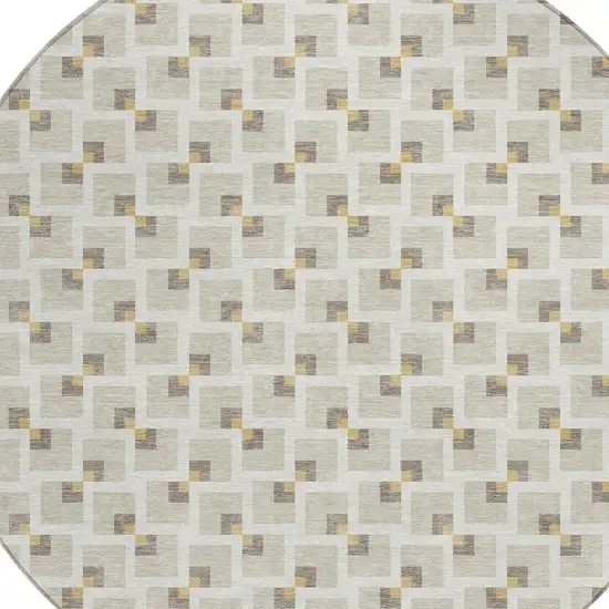 8' Beige And Ivory Round Geometric Washable Indoor Outdoor Area Rug Photo 2