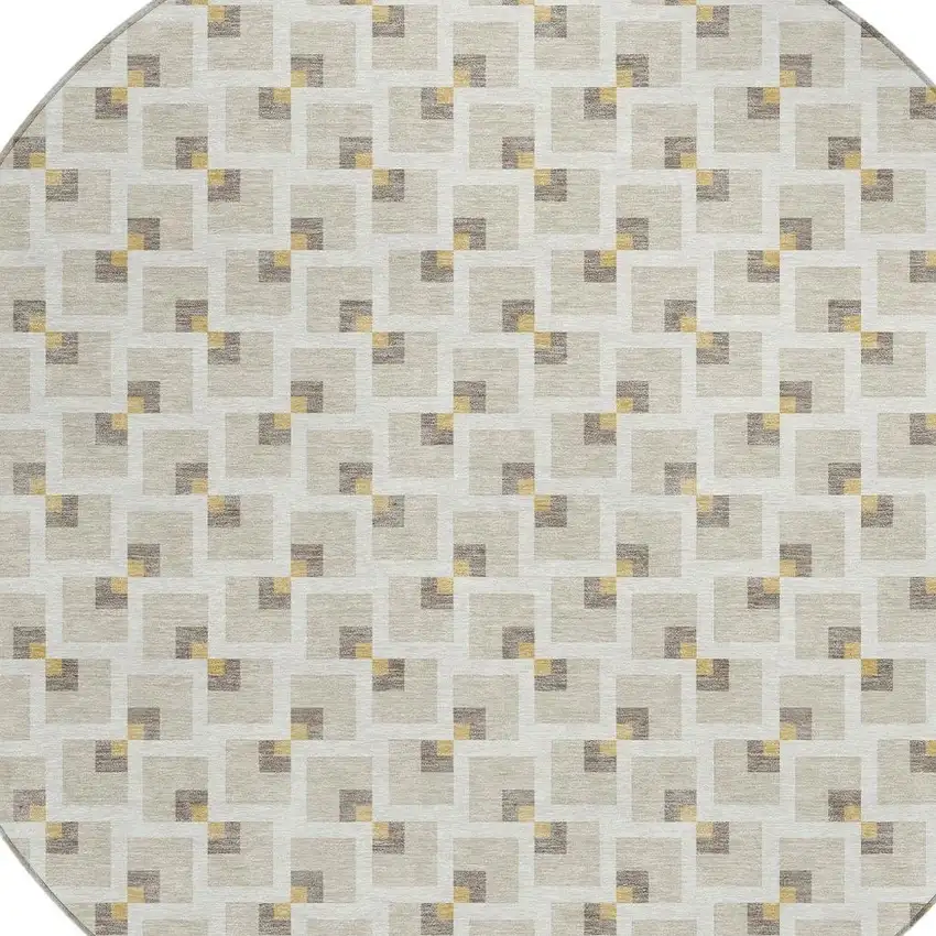 8' Beige And Ivory Round Geometric Washable Indoor Outdoor Area Rug Photo 2