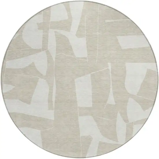 8' Beige And Ivory Round Geometric Washable Indoor Outdoor Area Rug Photo 1