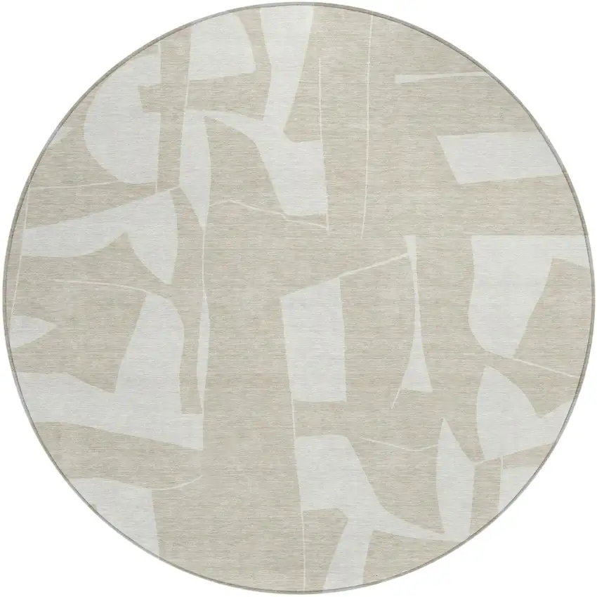 8' Beige And Ivory Round Geometric Washable Indoor Outdoor Area Rug Photo 1