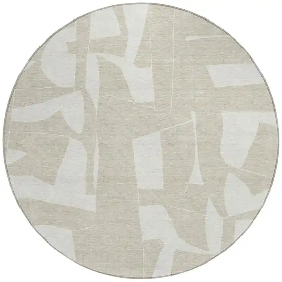 8' Beige And Ivory Round Geometric Washable Indoor Outdoor Area Rug Photo 3