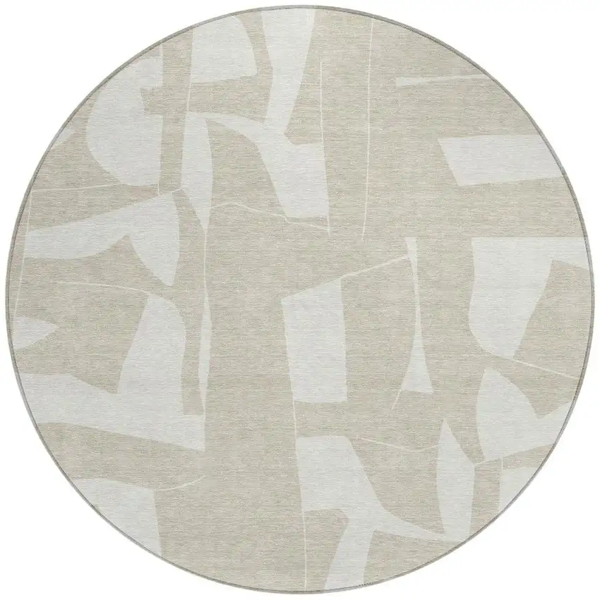 8' Beige And Ivory Round Geometric Washable Indoor Outdoor Area Rug Photo 3