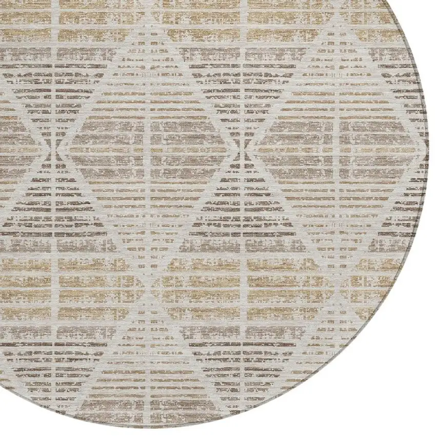8' Beige And Ivory Round Geometric Washable Indoor Outdoor Area Rug Photo 5