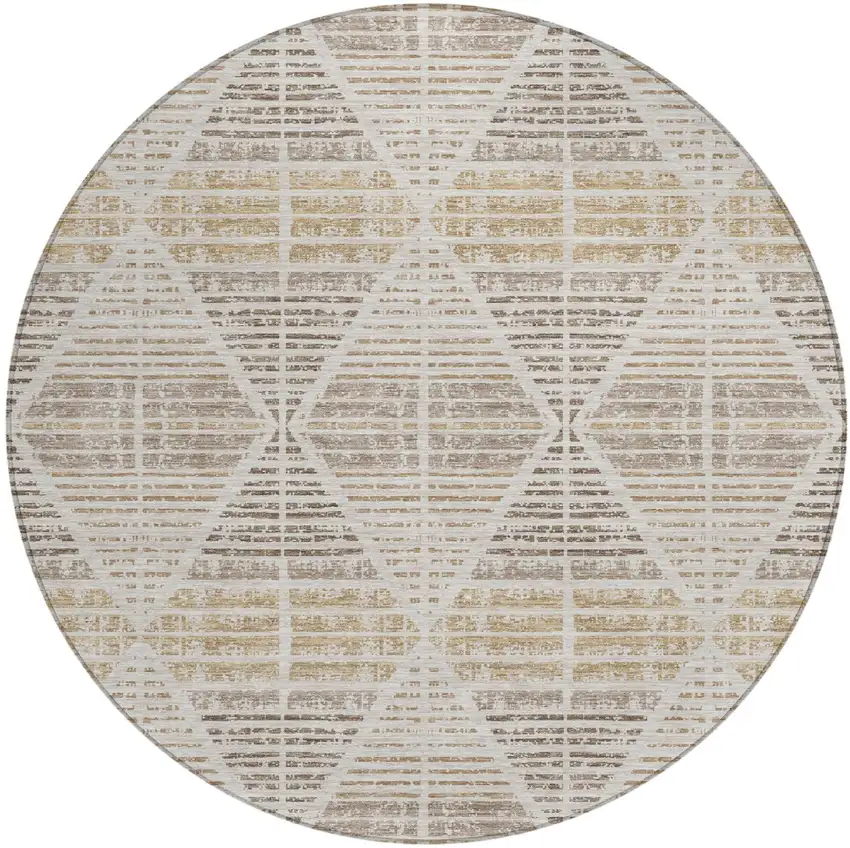 8' Beige And Ivory Round Geometric Washable Indoor Outdoor Area Rug Photo 2