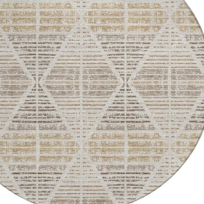 8' Beige And Ivory Round Geometric Washable Indoor Outdoor Area Rug Photo 4