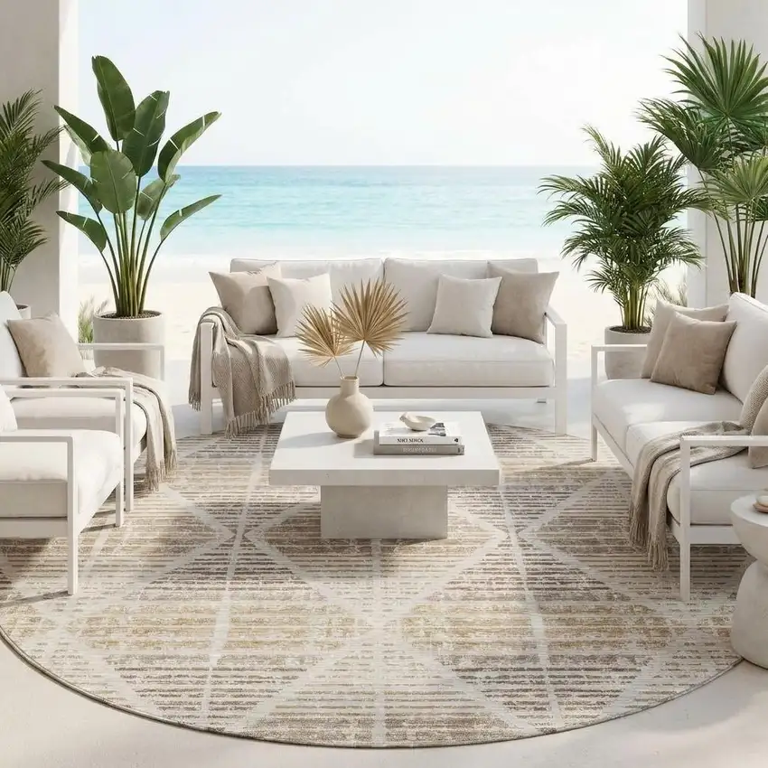 8' Beige And Ivory Round Geometric Washable Indoor Outdoor Area Rug Photo 1