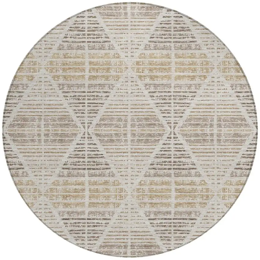 8' Beige And Ivory Round Geometric Washable Indoor Outdoor Area Rug Photo 3