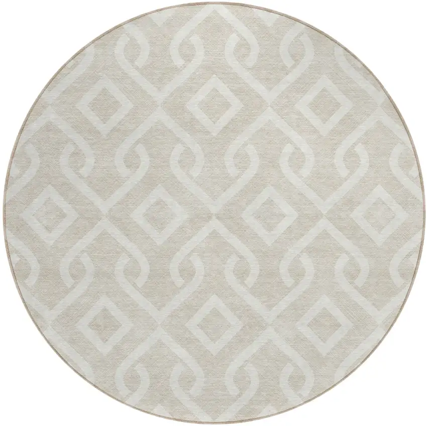 8' Beige And Ivory Round Geometric Washable Indoor Outdoor Area Rug Photo 2