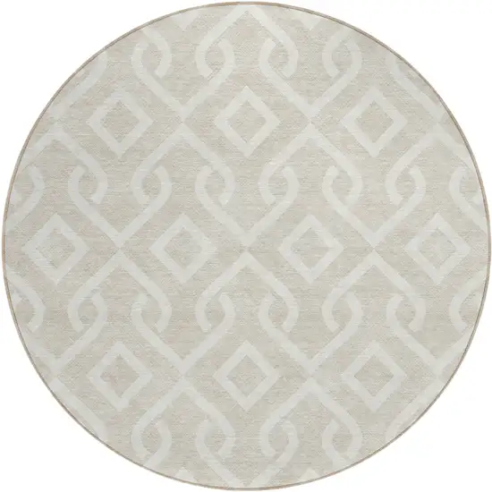 8' Beige And Ivory Round Geometric Washable Indoor Outdoor Area Rug Photo 2
