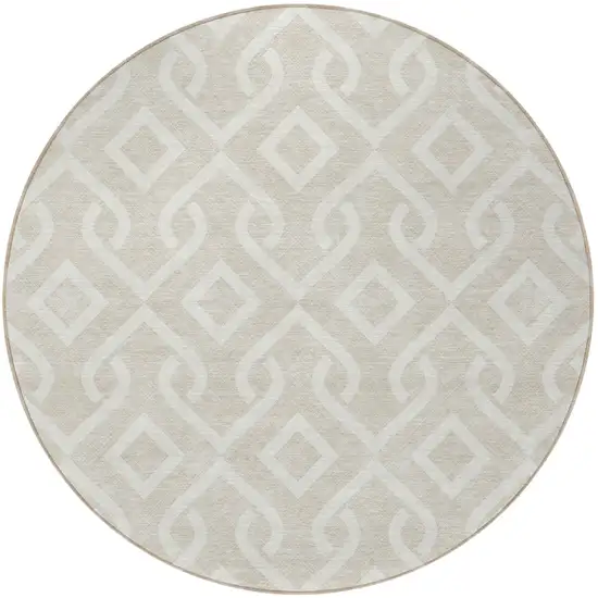 8' Beige And Ivory Round Geometric Washable Indoor Outdoor Area Rug Photo 4