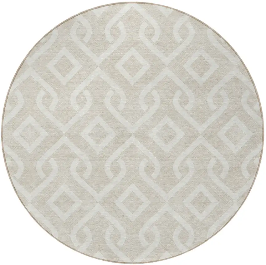 8' Beige And Ivory Round Geometric Washable Indoor Outdoor Area Rug Photo 4
