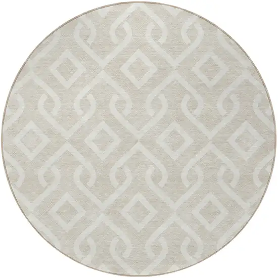 8' Beige And Ivory Round Geometric Washable Indoor Outdoor Area Rug Photo 4