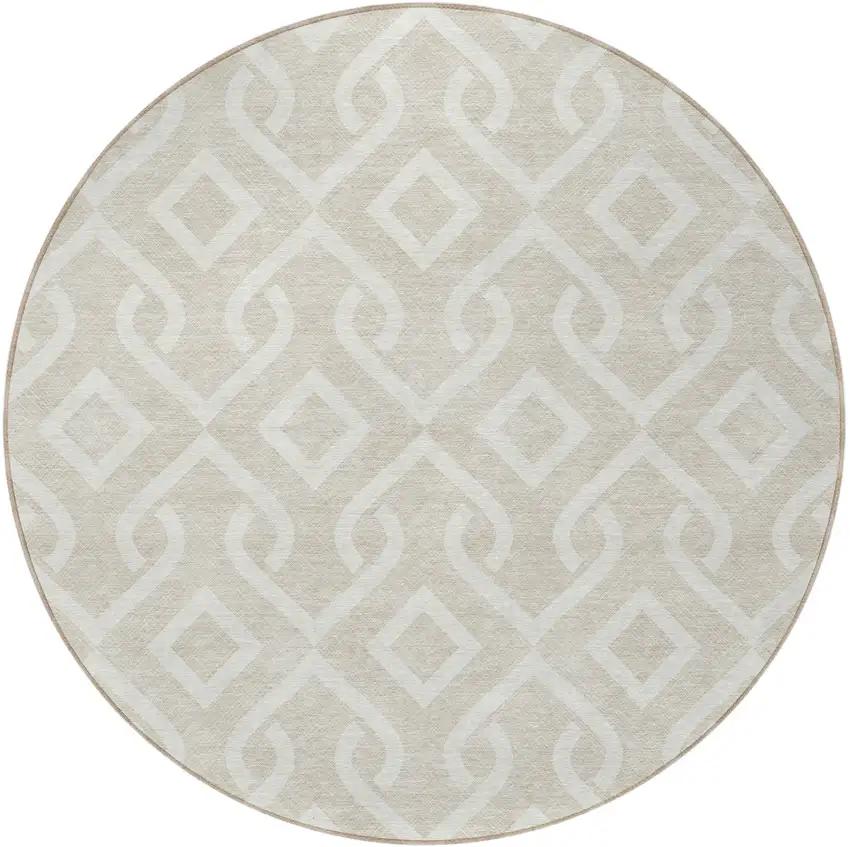 8' Beige And Ivory Round Geometric Washable Indoor Outdoor Area Rug Photo 4