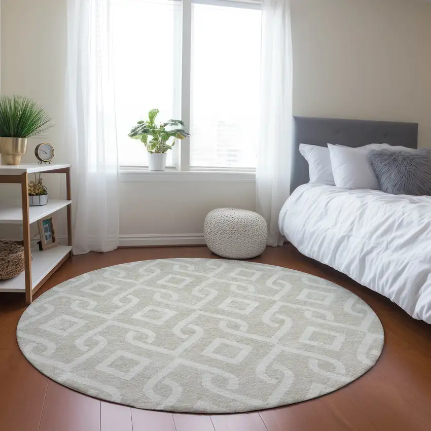 8' Beige And Ivory Round Geometric Washable Indoor Outdoor Area Rug Photo 6