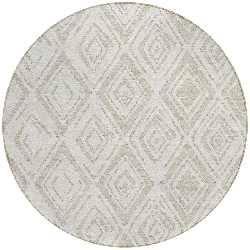 8' Beige And Ivory Round Geometric Washable Indoor Outdoor Area Rug Photo 5
