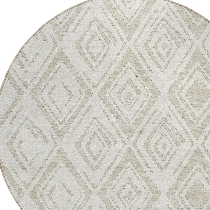 8' Beige And Ivory Round Geometric Washable Indoor Outdoor Area Rug Photo 4