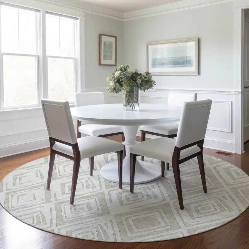 8' Beige And Ivory Round Geometric Washable Indoor Outdoor Area Rug Photo 7