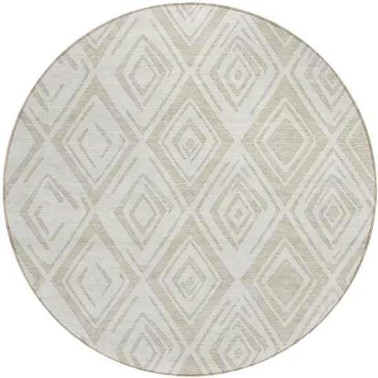 8' Beige And Ivory Round Geometric Washable Indoor Outdoor Area Rug Photo 1