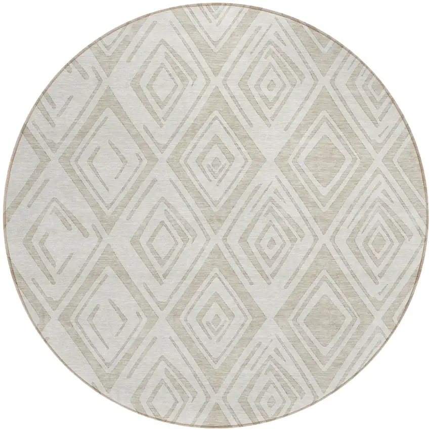 8' Beige And Ivory Round Geometric Washable Indoor Outdoor Area Rug Photo 1